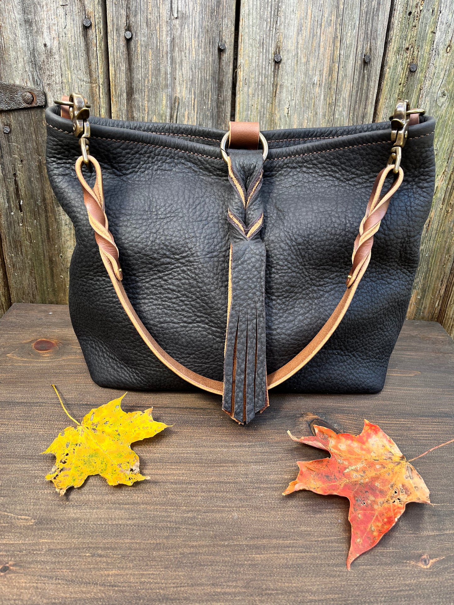 Mimi Slouch Bag in Distressed Black Bison with Braided Throwover Leather Tassel