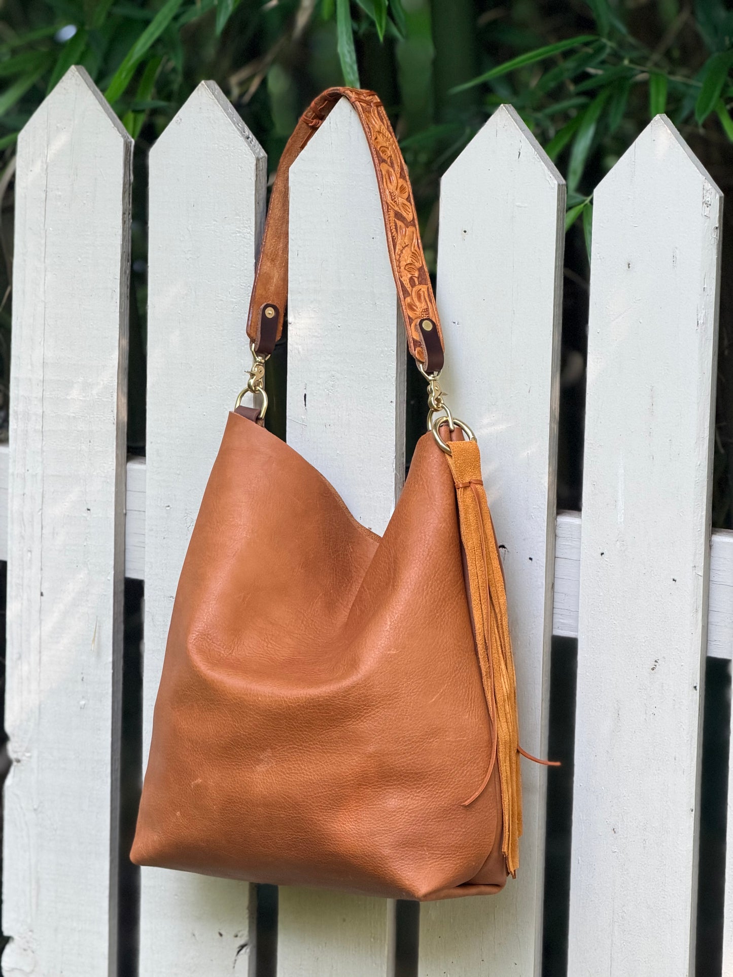 Barcelona Soft Bucket in Paddy Cake Tan Leather with Cider Suede Tassel