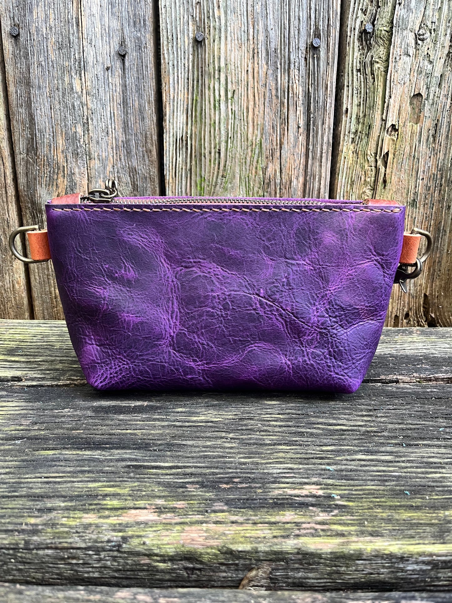 Pipsqueak Wristlet/Crossbody in Grape Escape Bison with English Tan Leather Accents