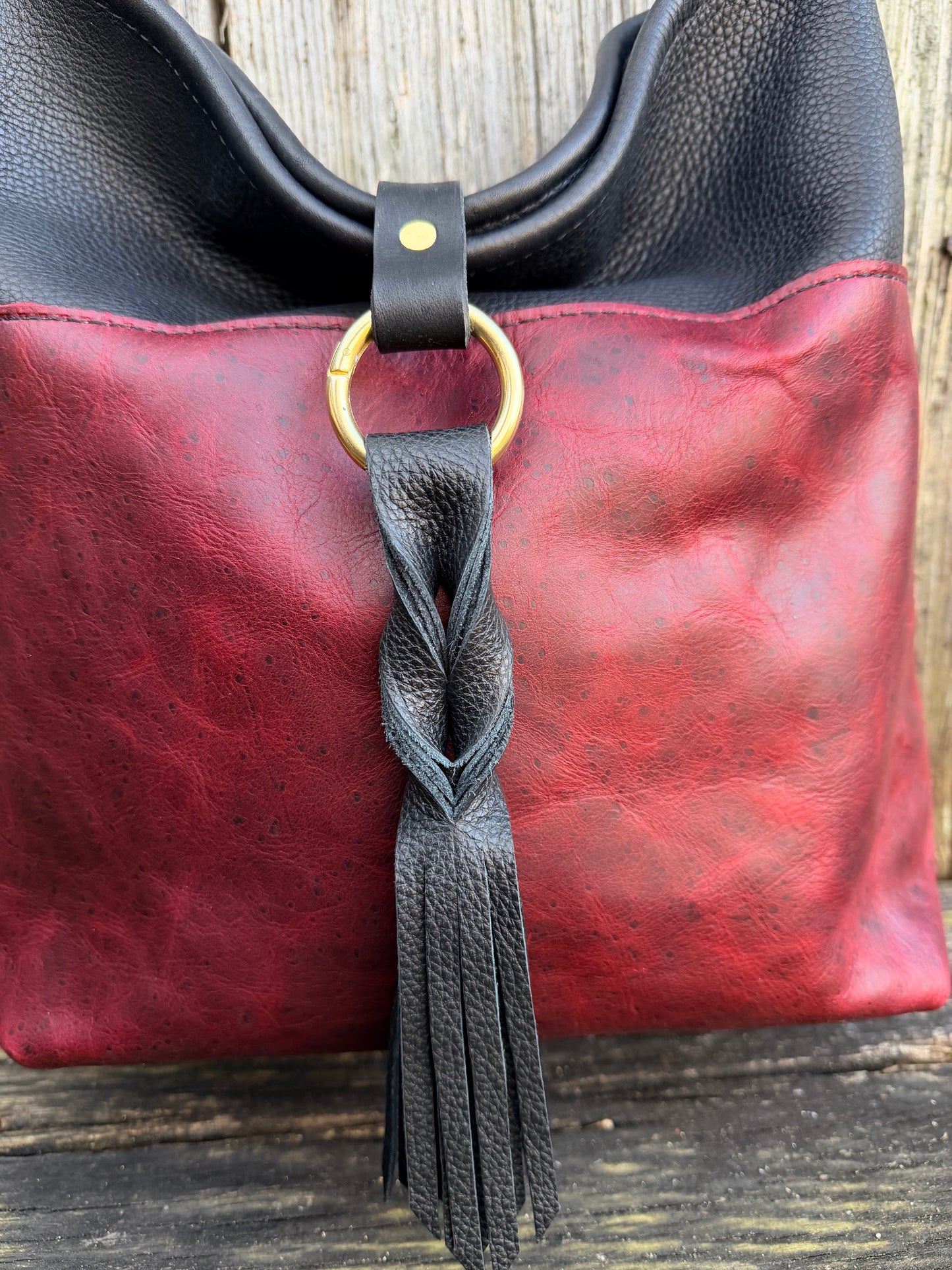 Custom Black Leather Throwover Tassel Closure for Karen