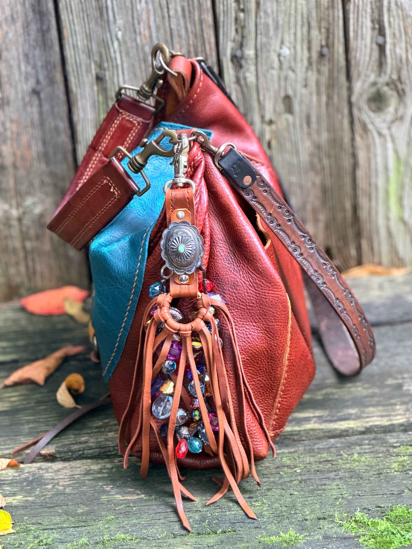 Hand-tooled Tribal Tassel in Tan Deerskin with Sterling Silver & Turquoise Concho 15”L, OOAK