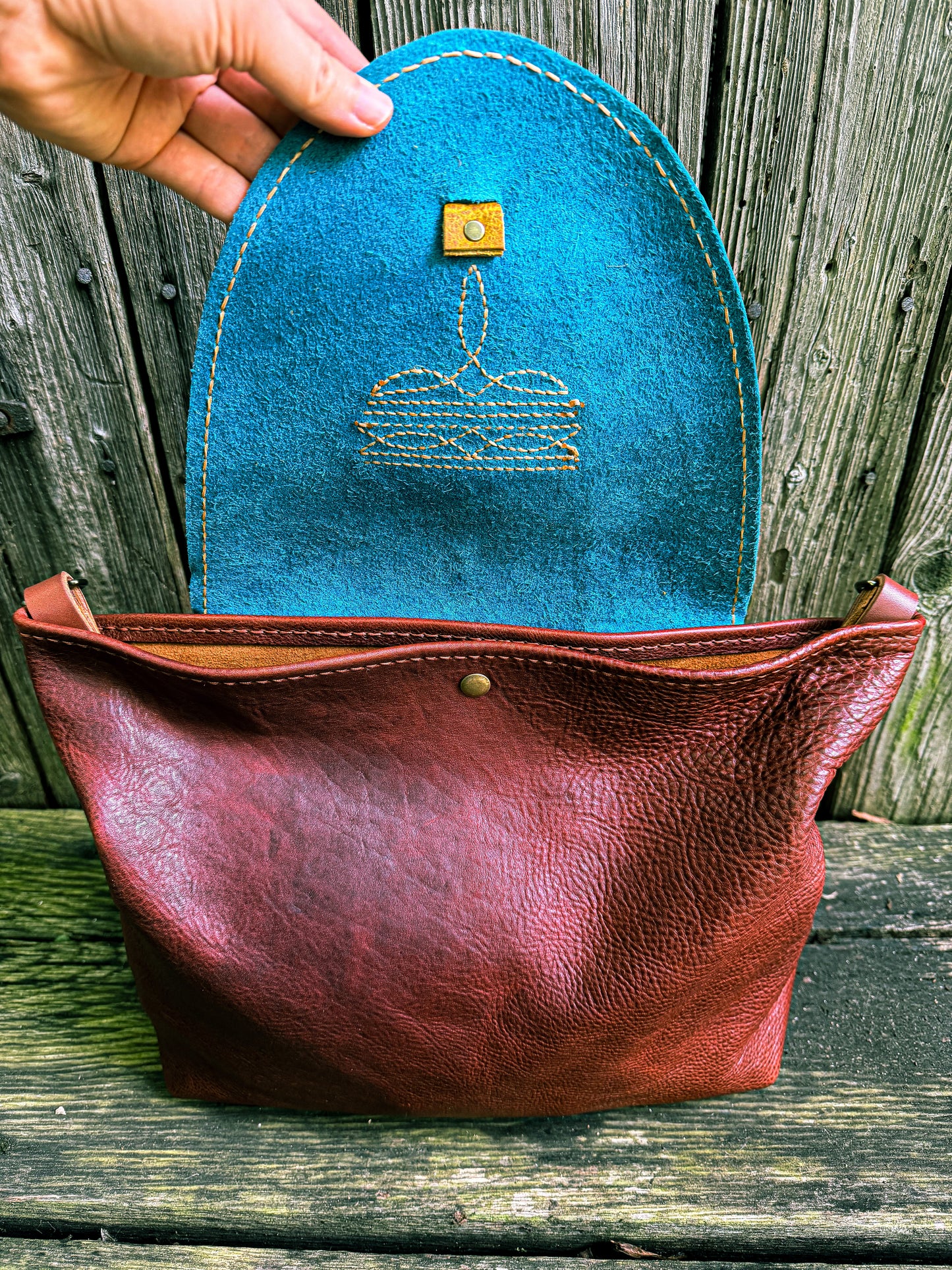 Remi Shoulder Bag with Tassel Flap in Mixed Leather with Horween Hand-tooled Strap