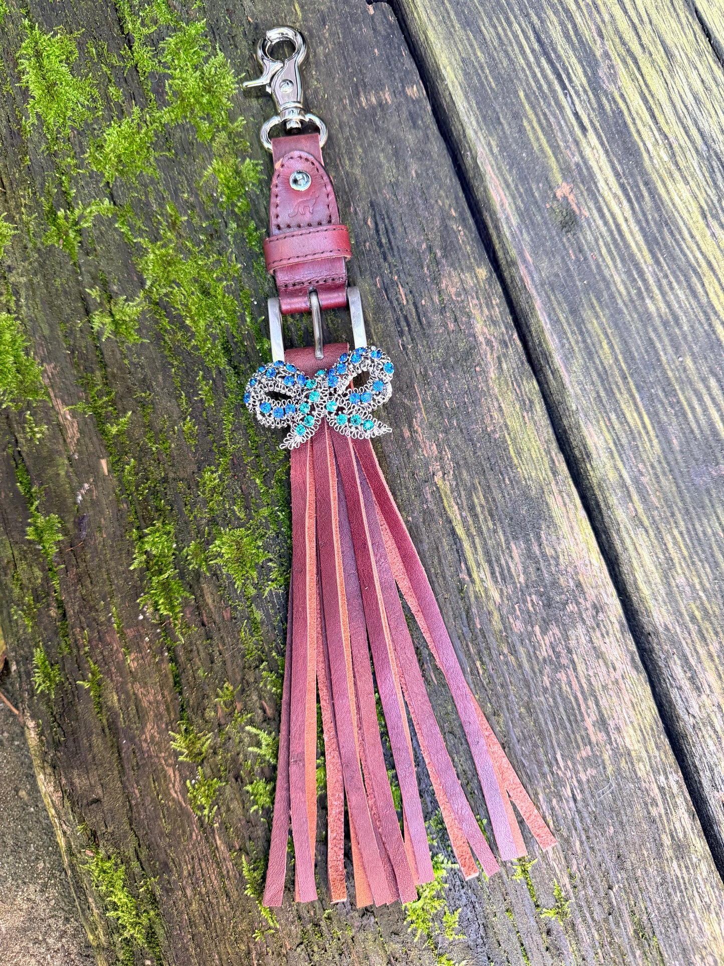 Boot Strap Tassel in Whiskey Brown Cowhide with Vintage Brooch 14”L, OOAK