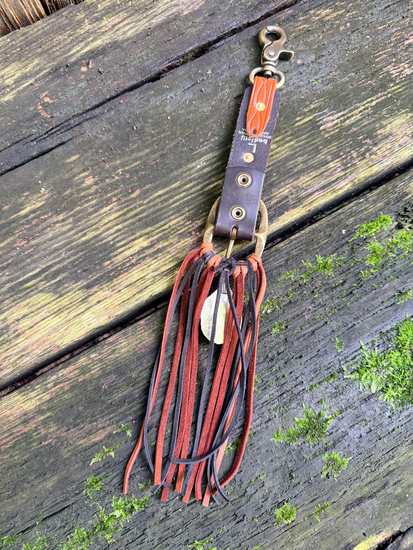 Bed Stu Boot Strap Tassel in Saddle Tan & Black Deerskin 15”L, OOAK