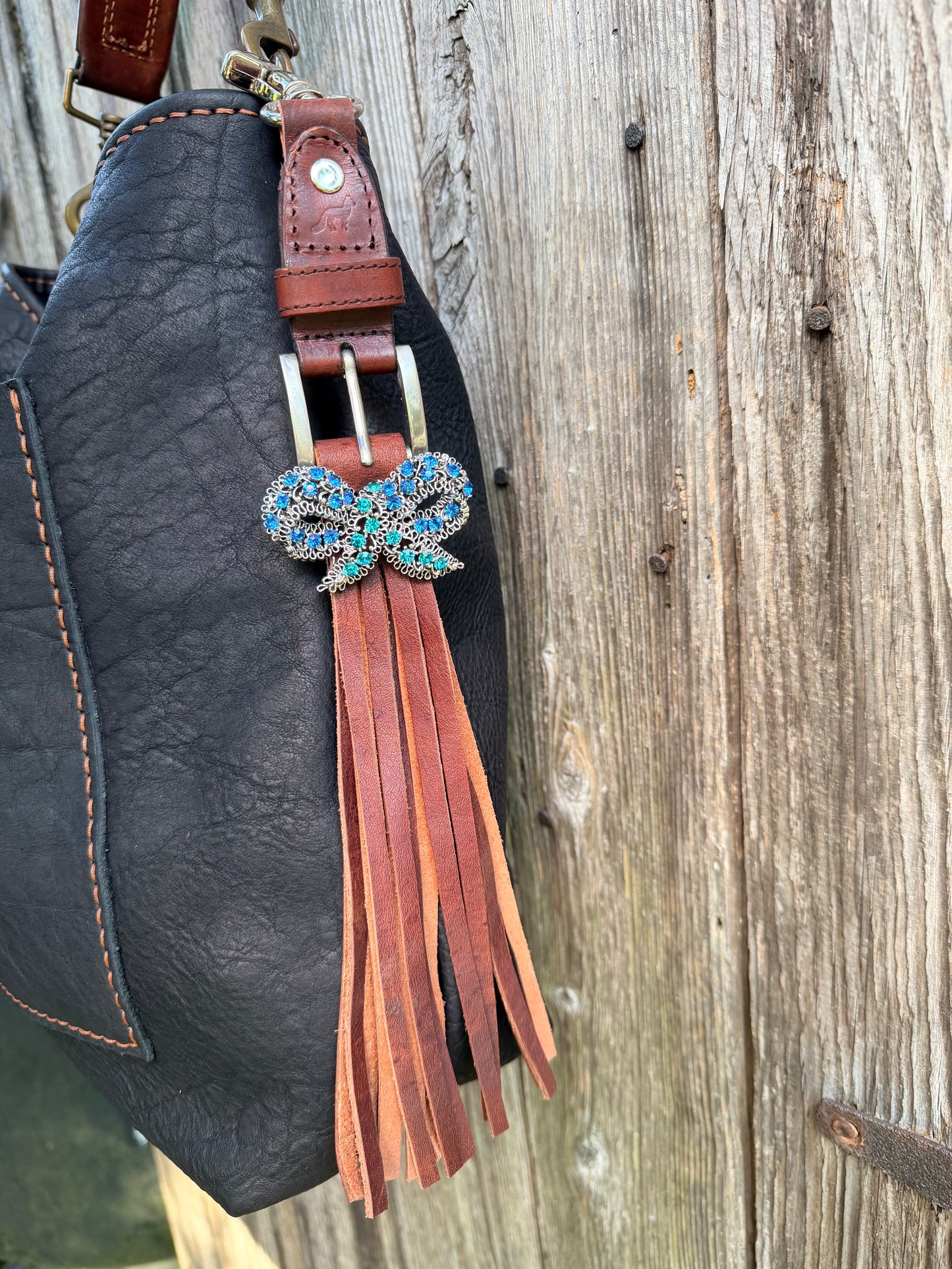 Boot Strap Tassel in Whiskey Brown Cowhide with Vintage Brooch 14”L, OOAK