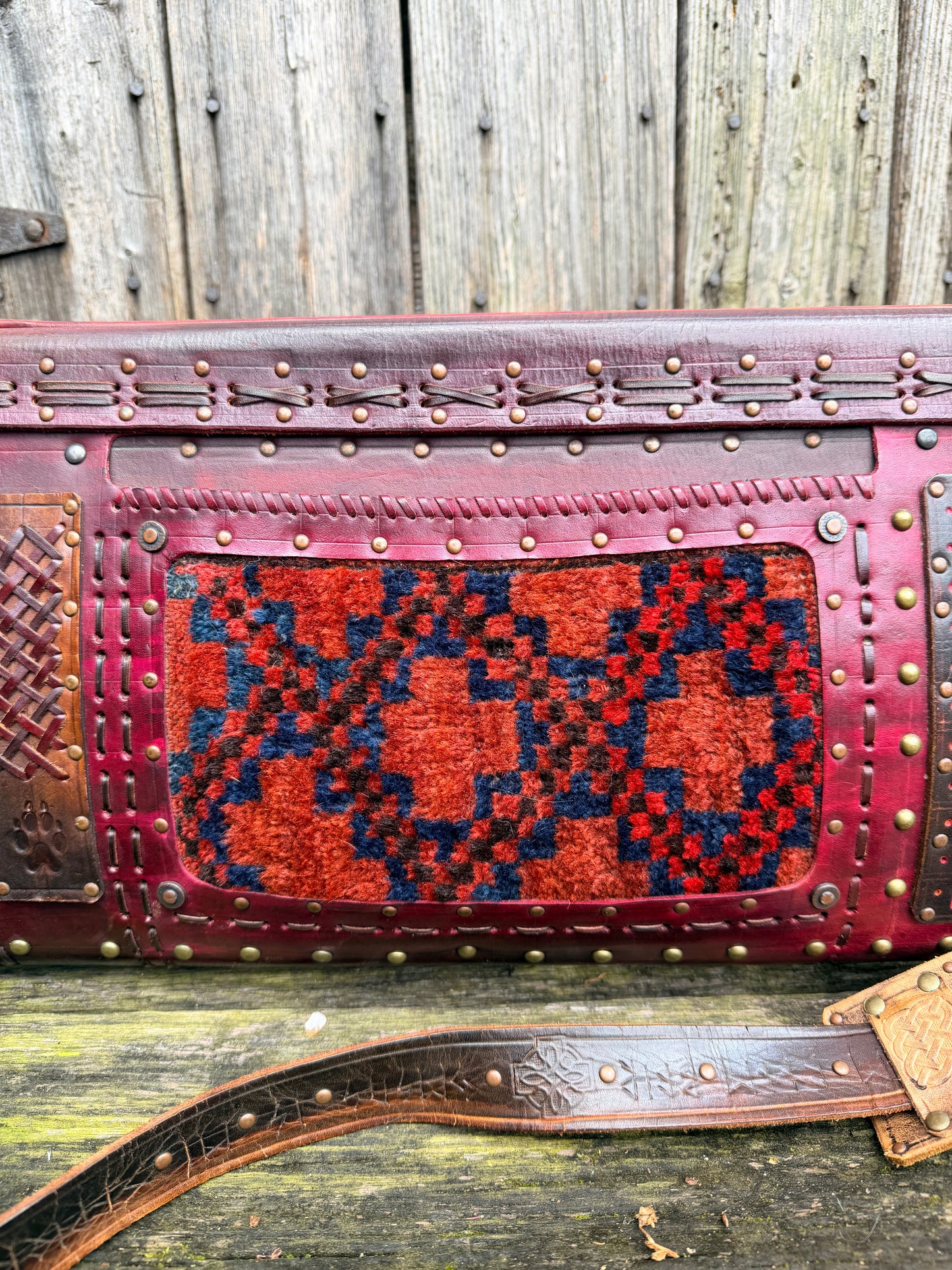 Carpet Bag Tote with Antique Rug & Veg Tanned Leather // Handmade in Wales, UK