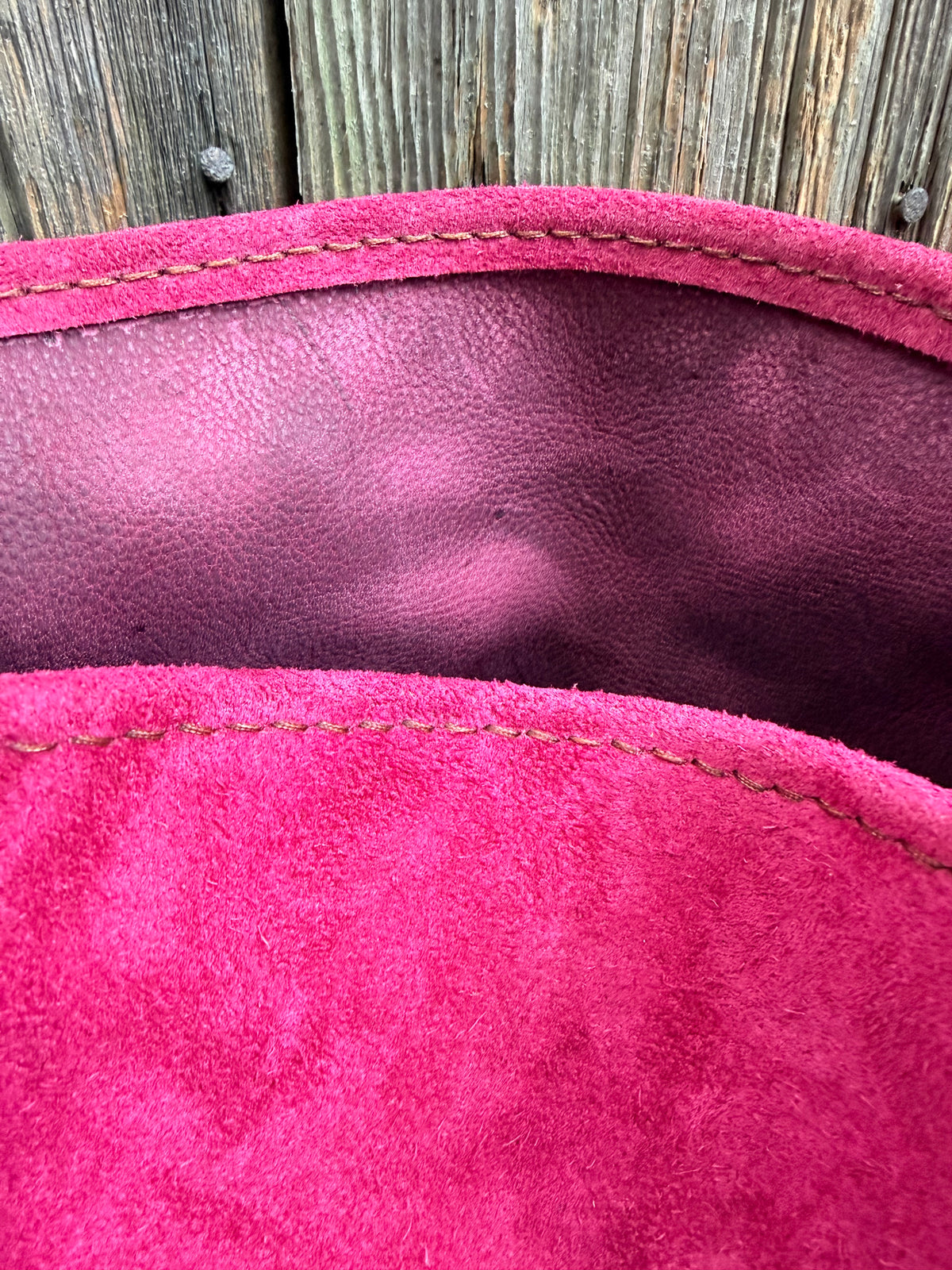 Willy Bucket in Reverse Cow in Cranberry Suede with Guitar Strap