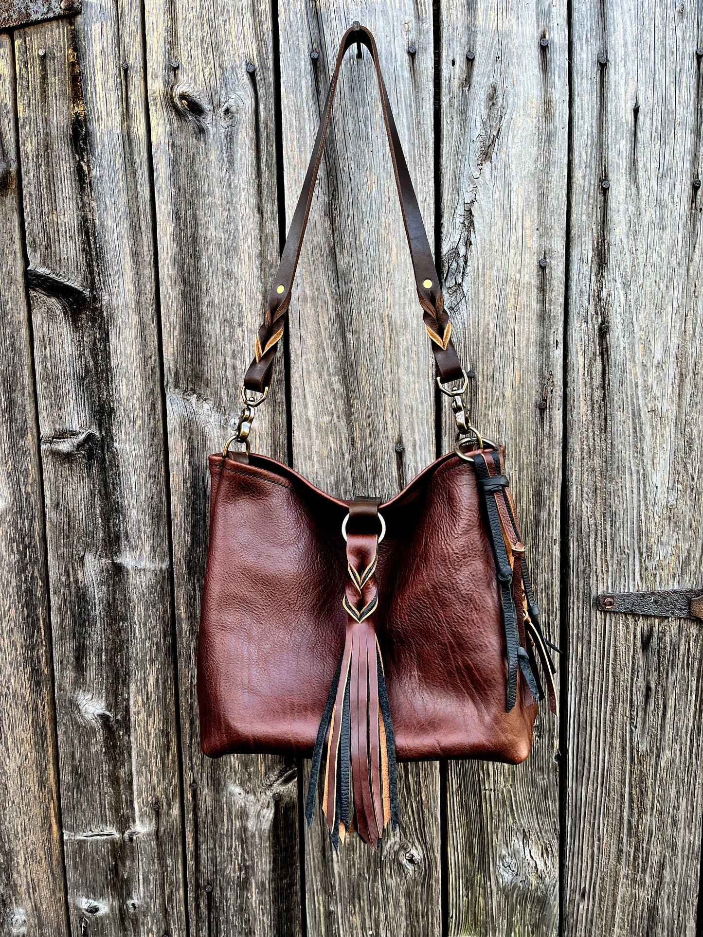 Mimi Slouch Bag in Rustic Dark Brown Leather with Braided Throwover Tassel