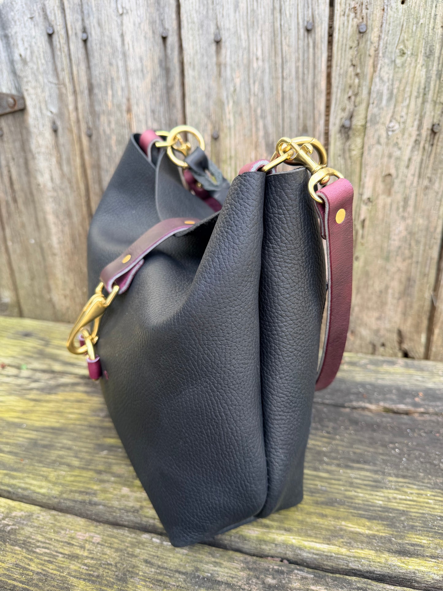 SoHo Handbag in Horween Black Leather with Deep Plum Accents - CUSTOM for Vanessa
