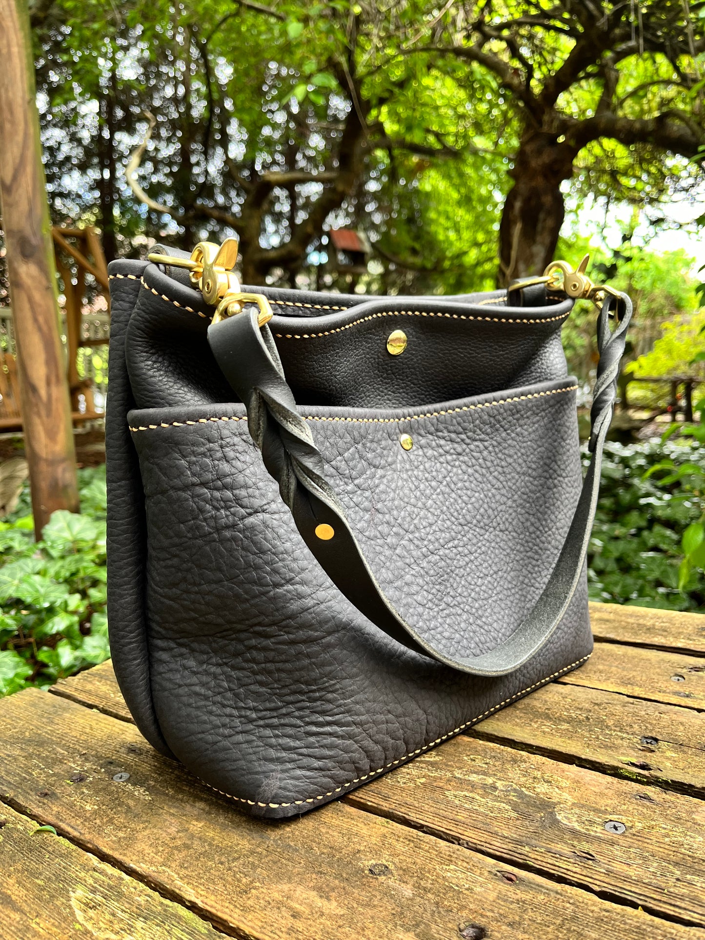 Emma Shoulder Bag in Classic Black Distressed Bison