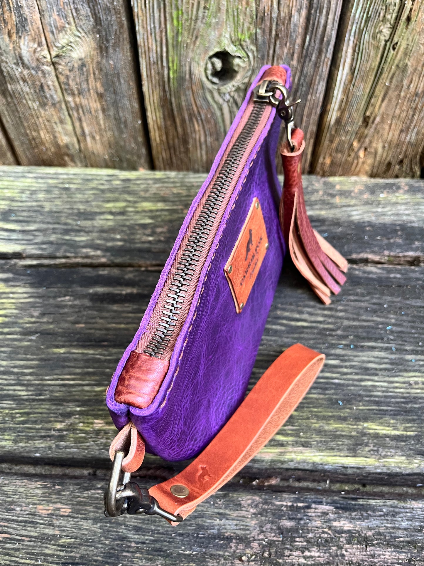 Pipsqueak Wristlet/Crossbody in Grape Escape Bison with English Tan Leather Accents