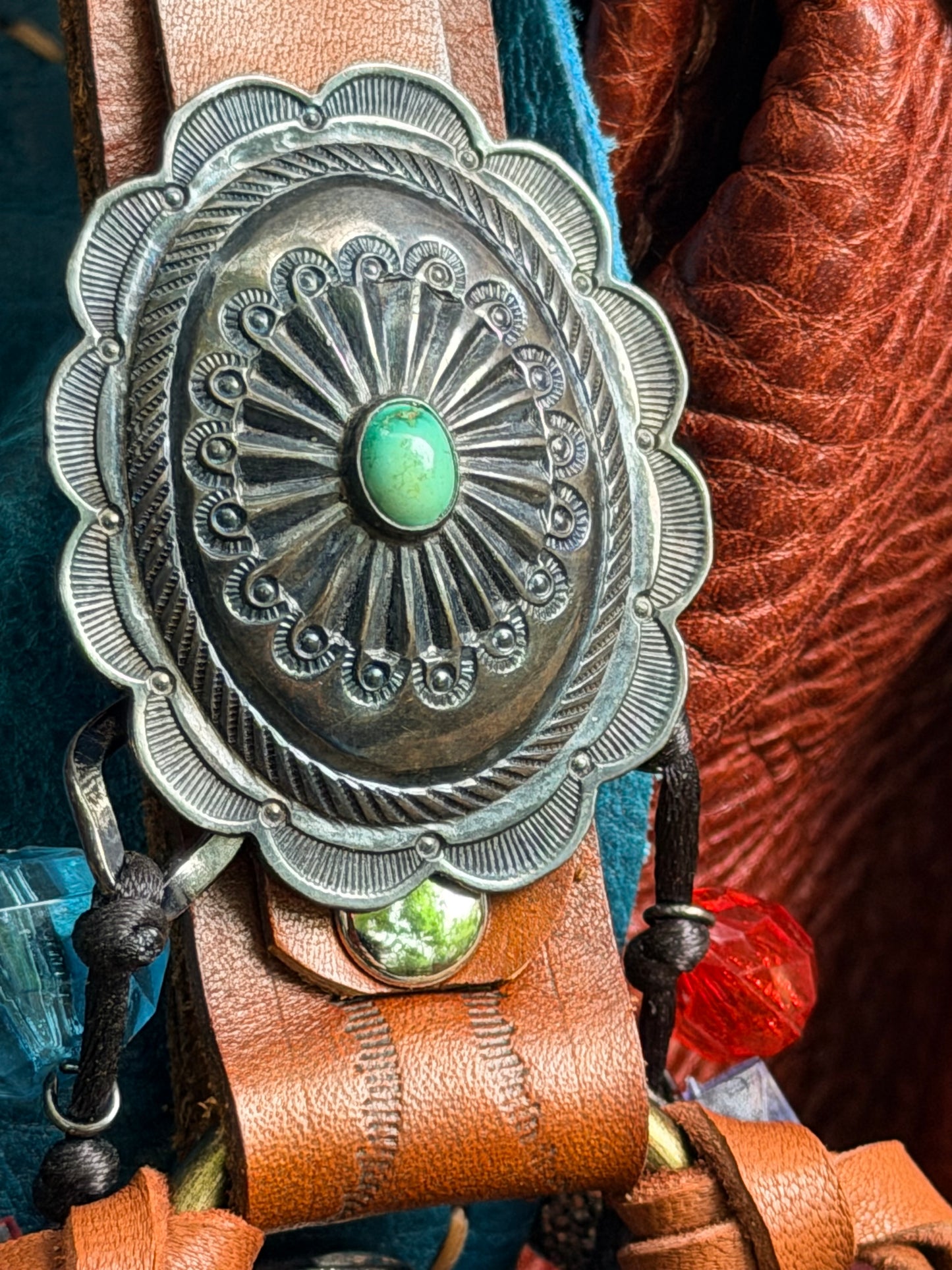 Hand-tooled Tribal Tassel in Tan Deerskin with Sterling Silver & Turquoise Concho 15”L, OOAK