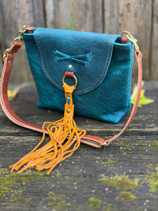 Bubby Bag in Premium Blue Bison with Deerskin Tassel with Turquoise