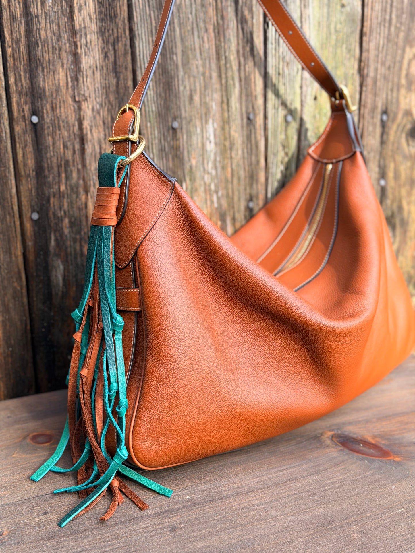 Knotted Leather Tassel in Emerald & Brandy 15”