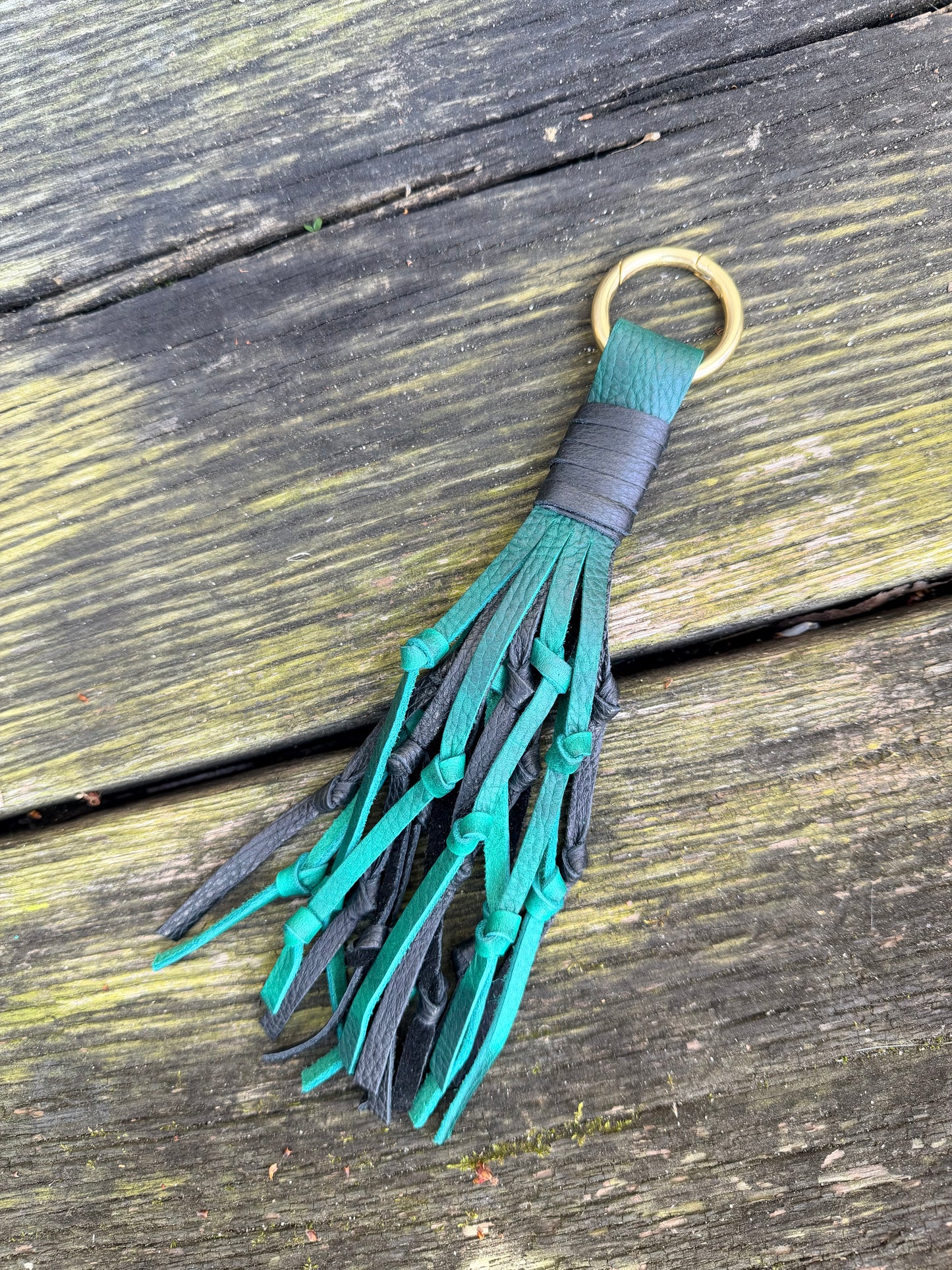 Knotted Leather Tassel in Emerald & Black Leather 9”-10”