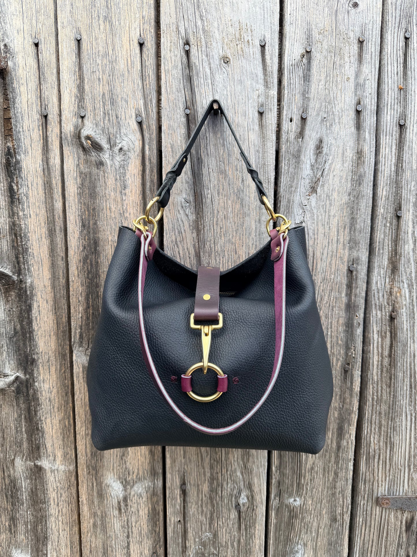 SoHo Handbag in Horween Black Leather with Deep Plum Accents - CUSTOM for Vanessa