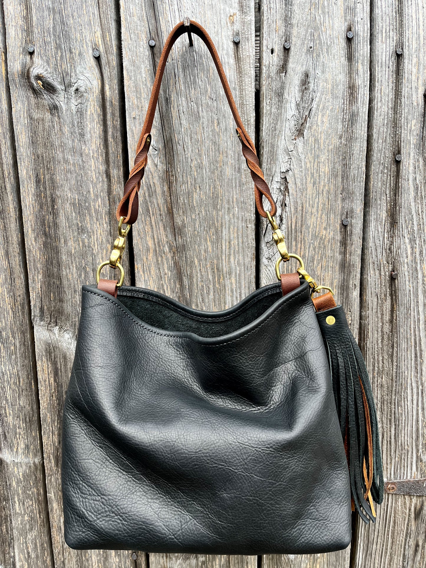 Mimi Slouch Bag in Black Kodiak with Leather Tassel