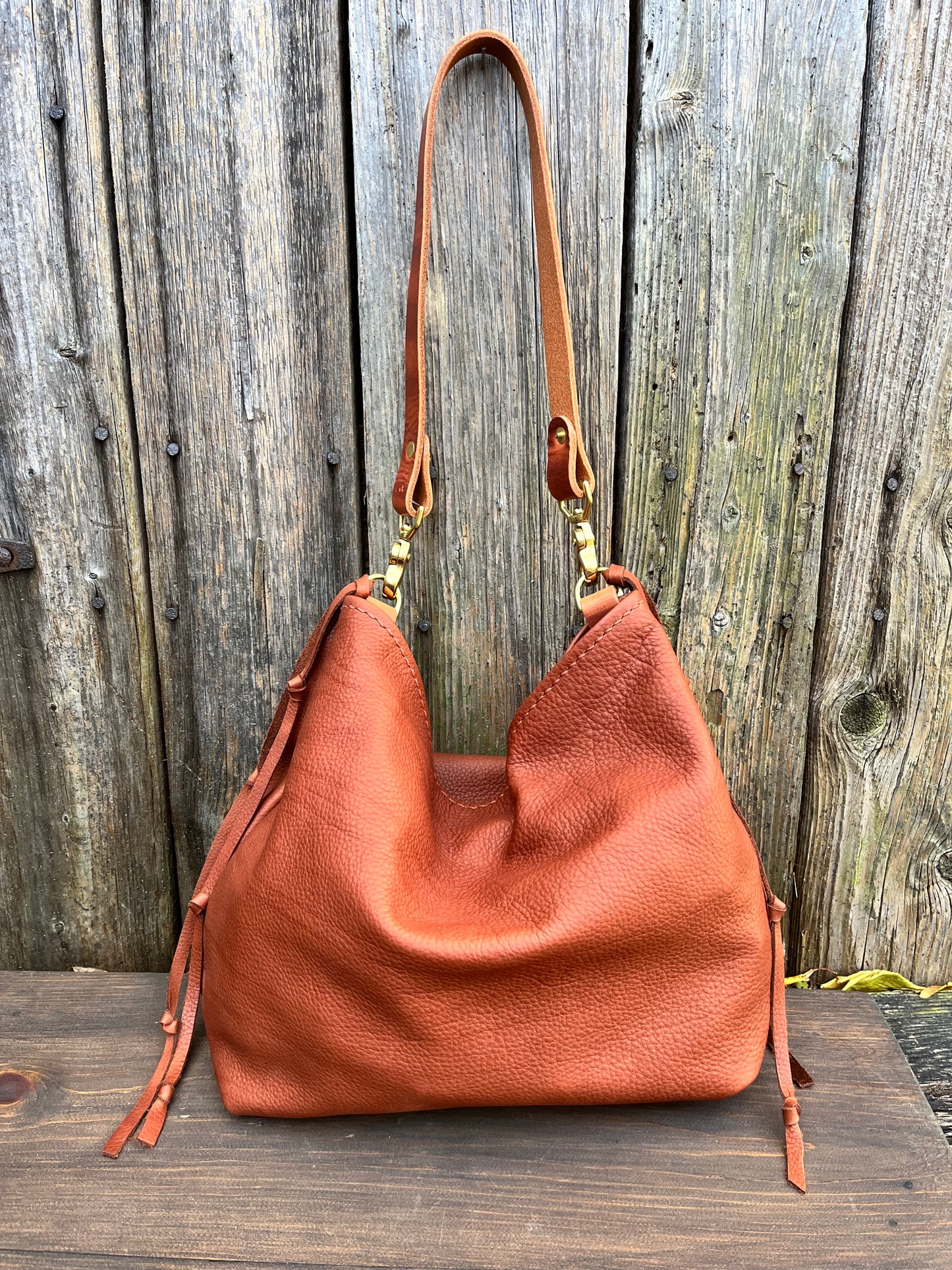 Mimi Slouch Bag in Brandy Naked Cow with Leather Tassel Accents