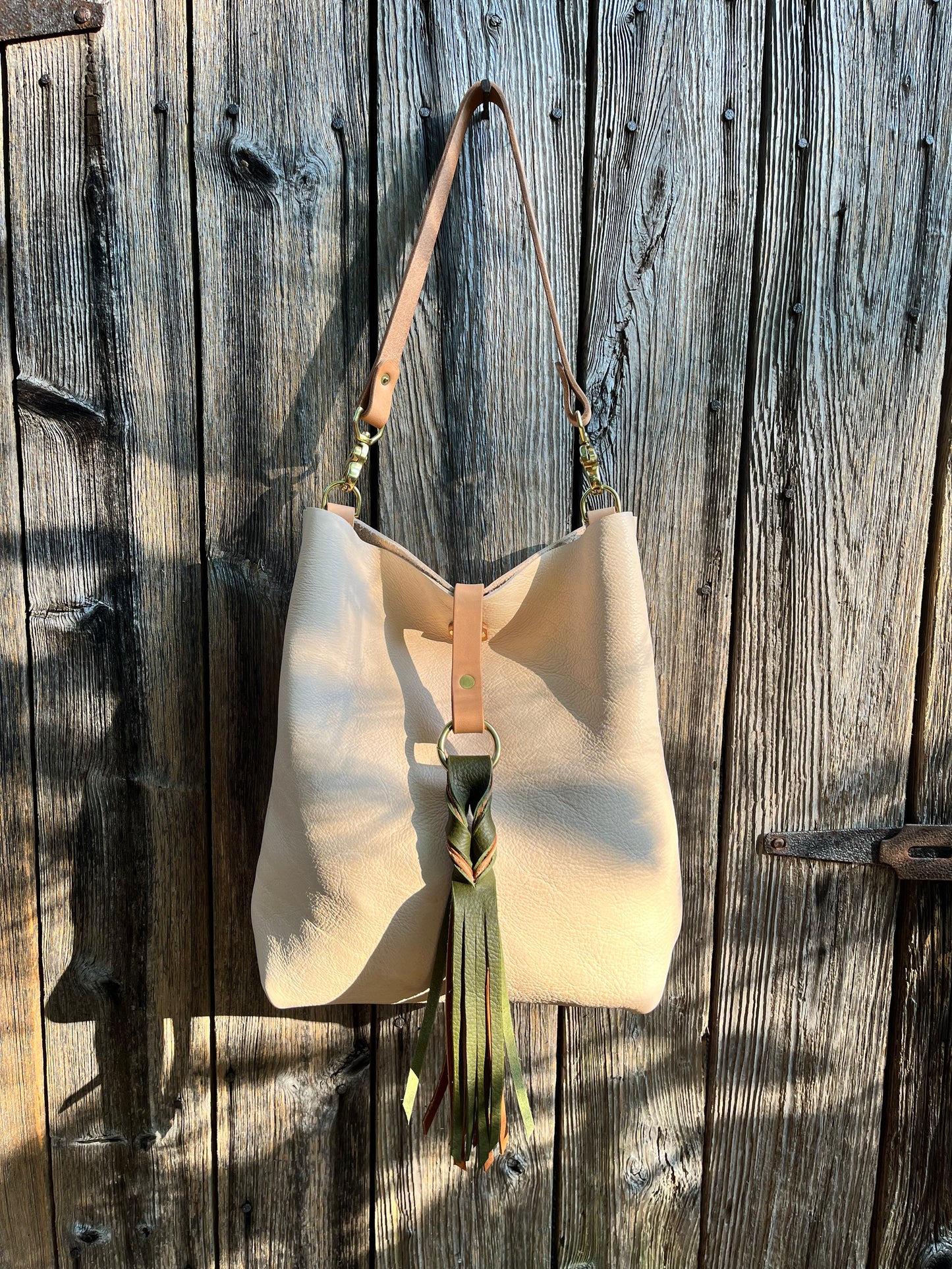 Barcelona Bucket in Natural Milled Veg Tan with Throwover Braided Tassel