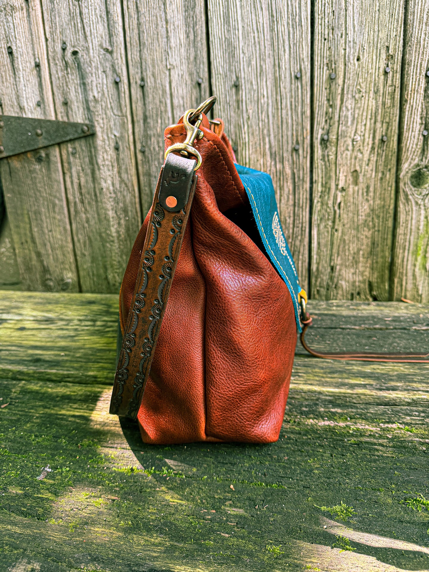 Remi Shoulder Bag with Tassel Flap in Mixed Leather with Horween Hand-tooled Strap