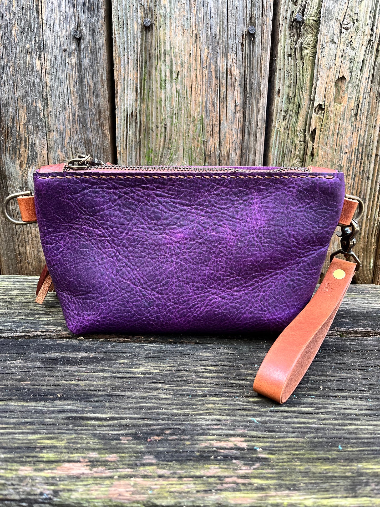Pipsqueak Wristlet/Crossbody in Grape Escape Bison with English Tan Leather Accents