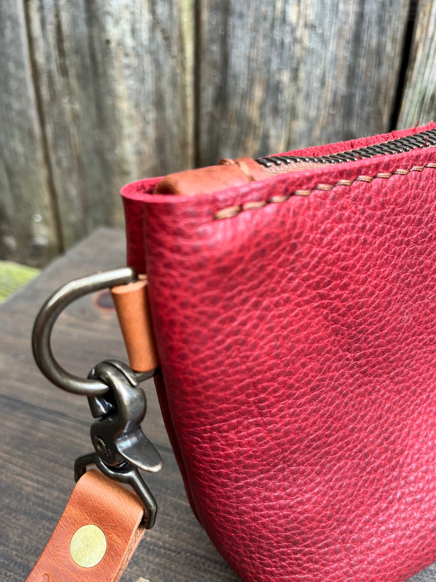Pip Wristlet in Cherry Bison with English Tan Leather Accents