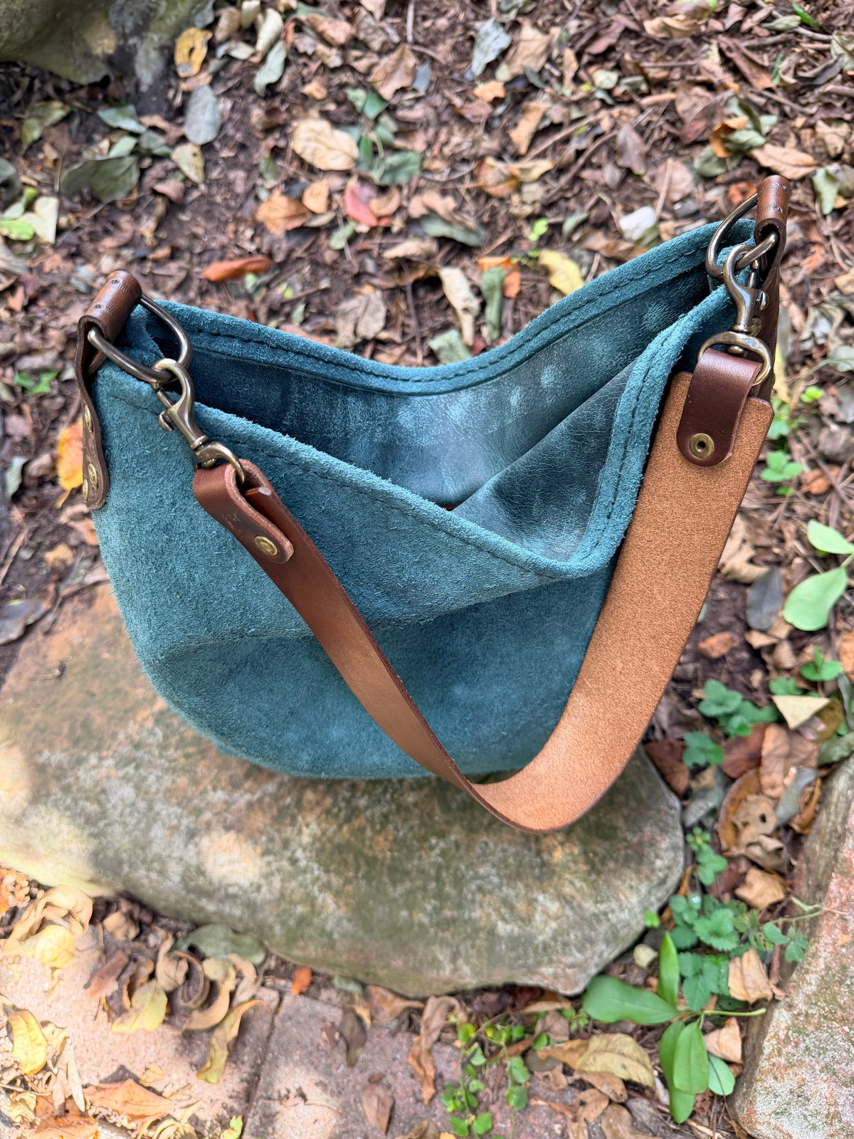Willy Bucket in Blue Spruce Rough-Out with Short Guitar Strap