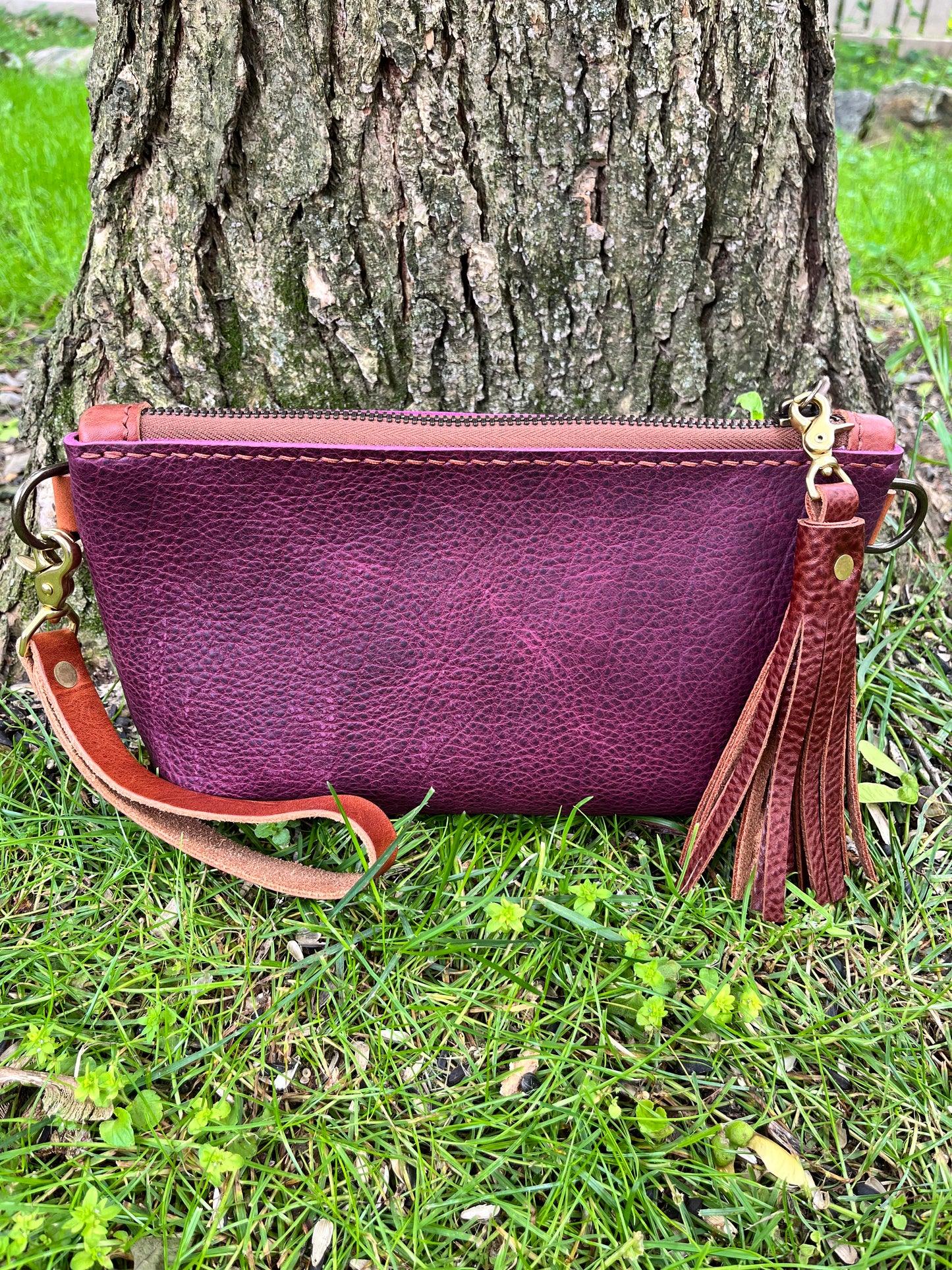 Pip Wristlet in Grape Bison with Cognac Leather Accents