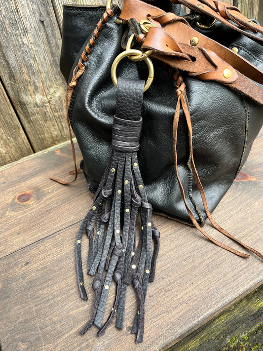 Knotted Black Leather Sprinkle Tassel 11”-12”