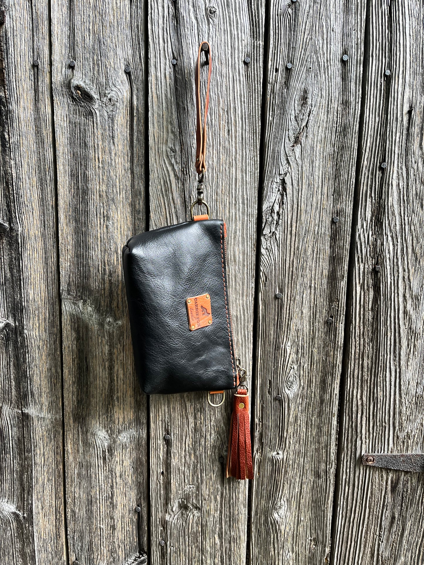 Little Pip Wristlet in Black Veg Tan with Brown Leather Accents