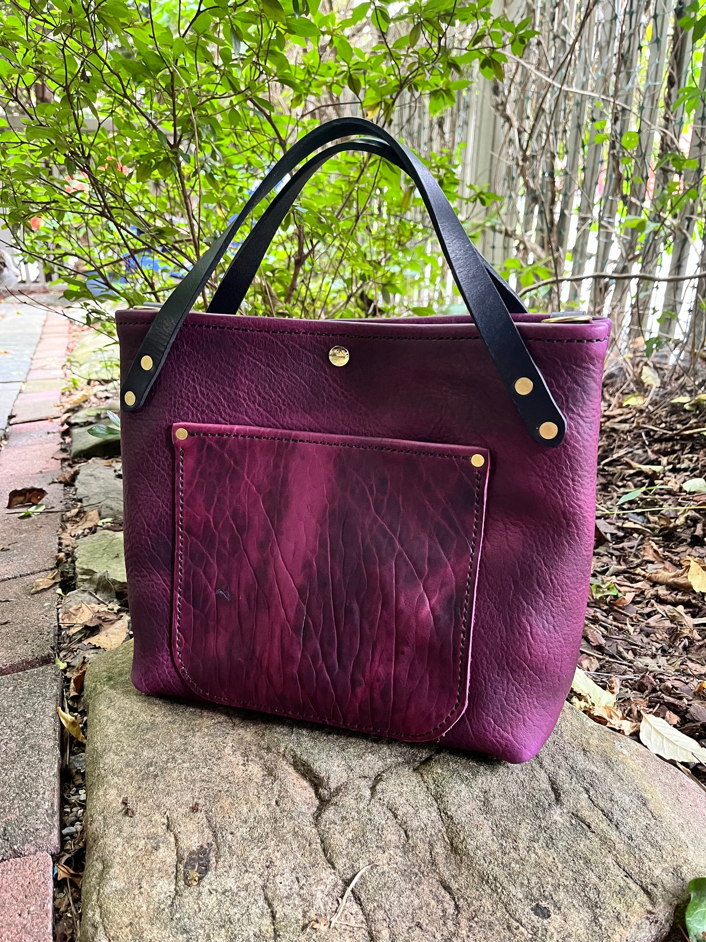 Crissy Grab Bag in Grape Bison with Front Pocket & Black Horween Handles