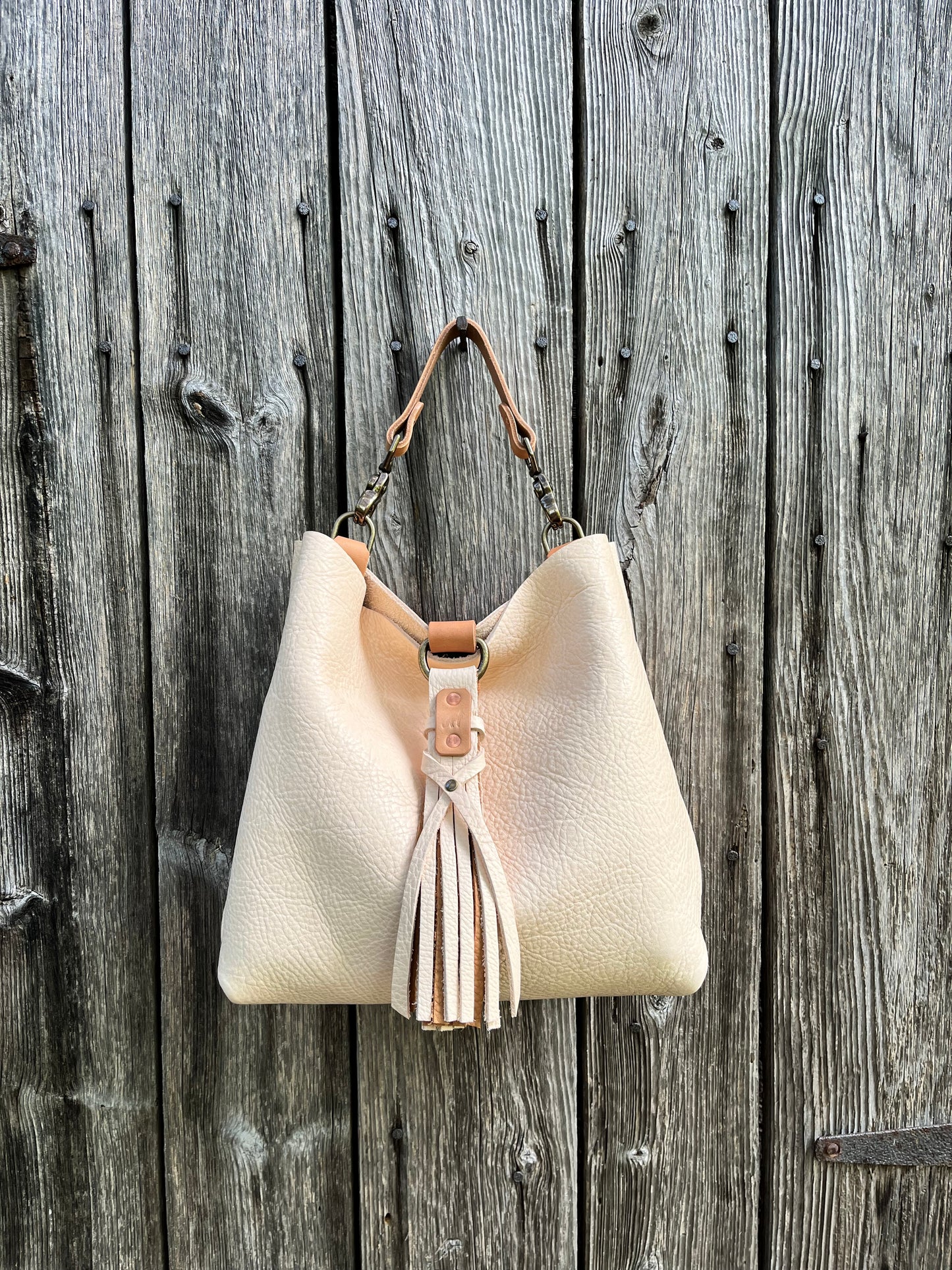 Barcelona Mini Bucket in Vanilla Milled Veg Tan with Horween Essex Handle & Fox Tag Tassel