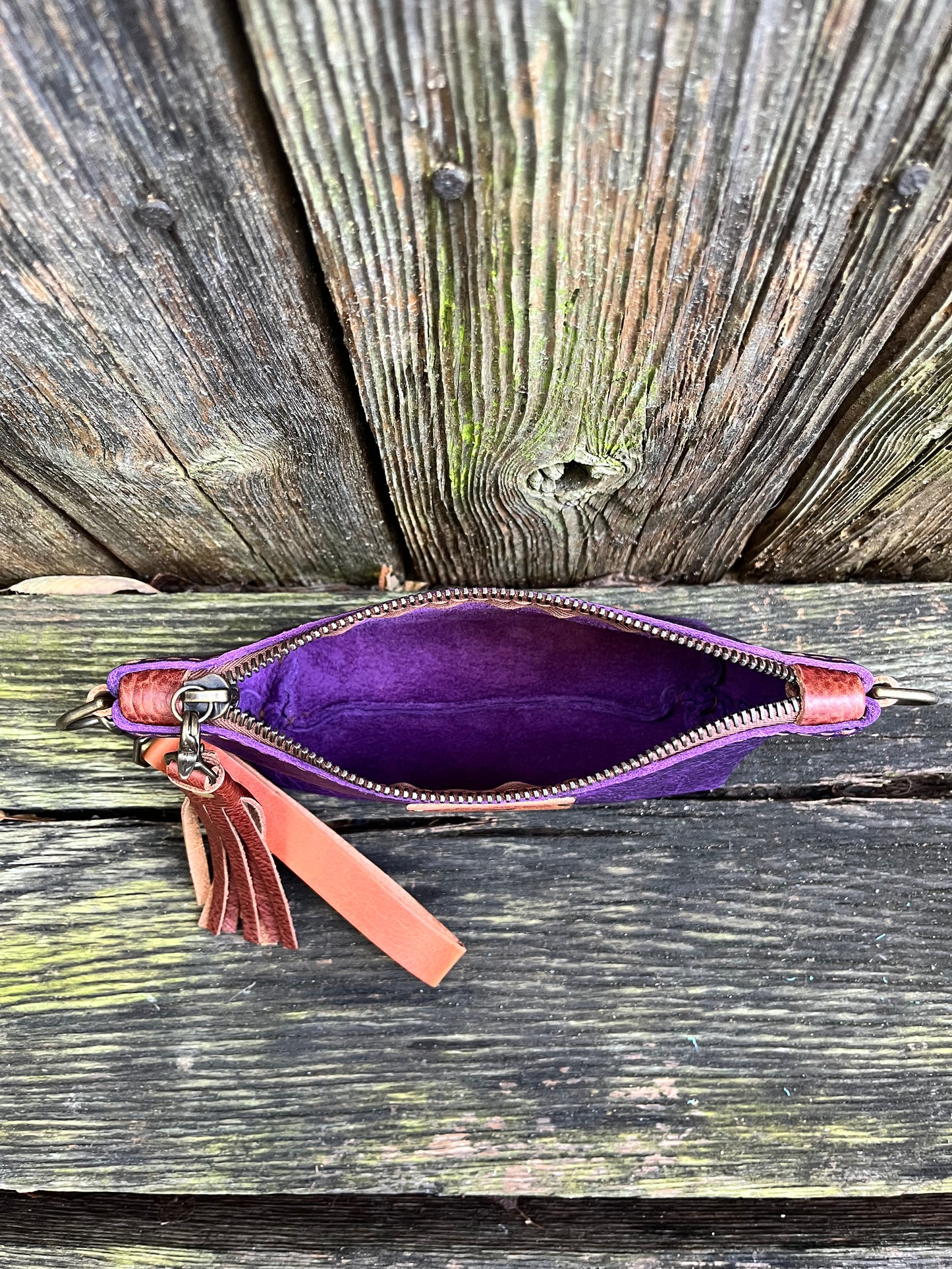 Pipsqueak Wristlet/Crossbody in Grape Escape Bison with English Tan Leather Accents