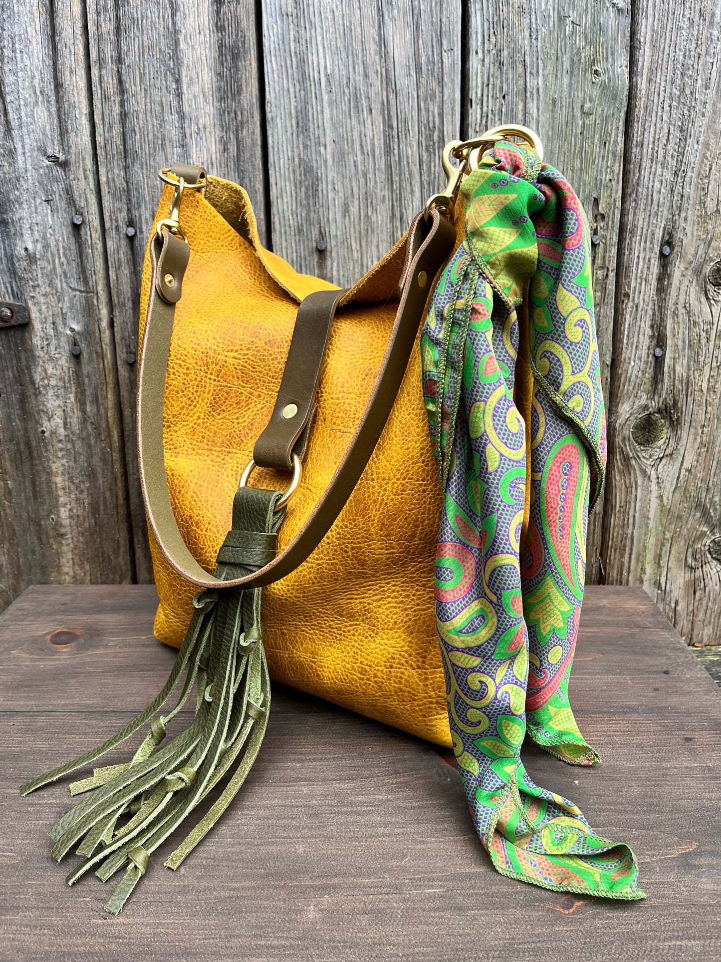 Barcelona Bucket in Golden Mustard Bison with Throwover Tassel & Silk Scarf Accessory