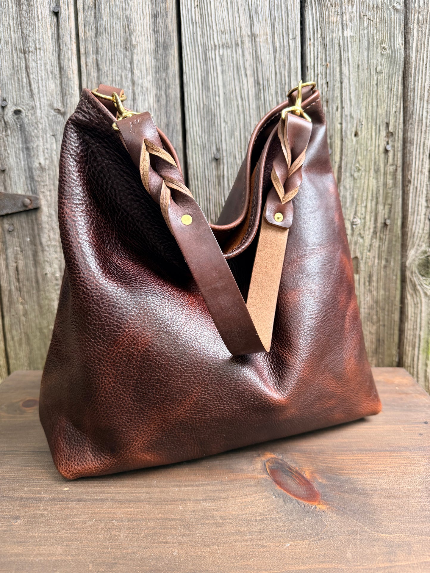 Rodeo Large Bucket in Dark Brown Bulldog with Braided Horween Strap