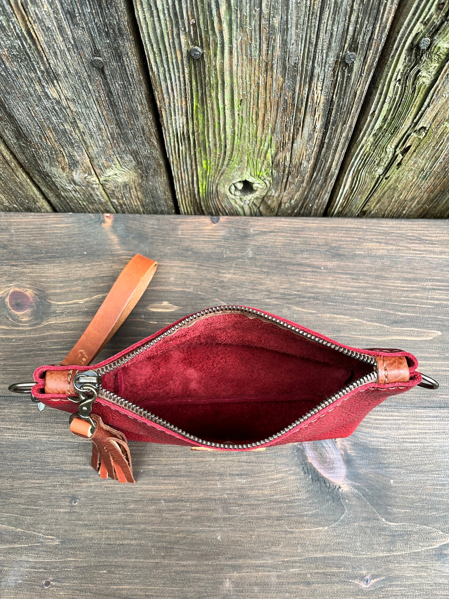 Pip Wristlet in Cherry Bison with English Tan Leather Accents