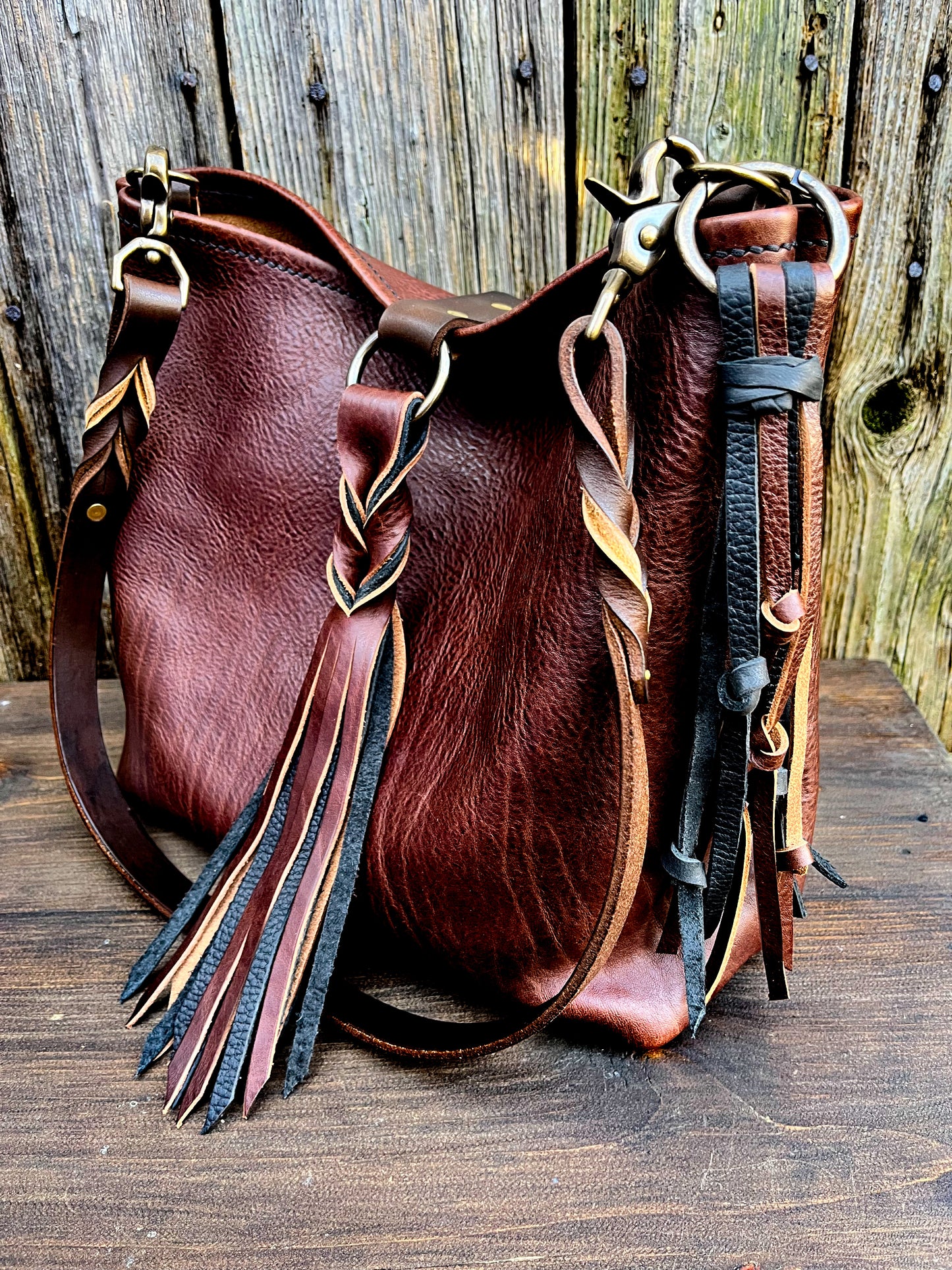 Mimi Slouch Bag in Rustic Dark Brown Leather with Braided Throwover Tassel