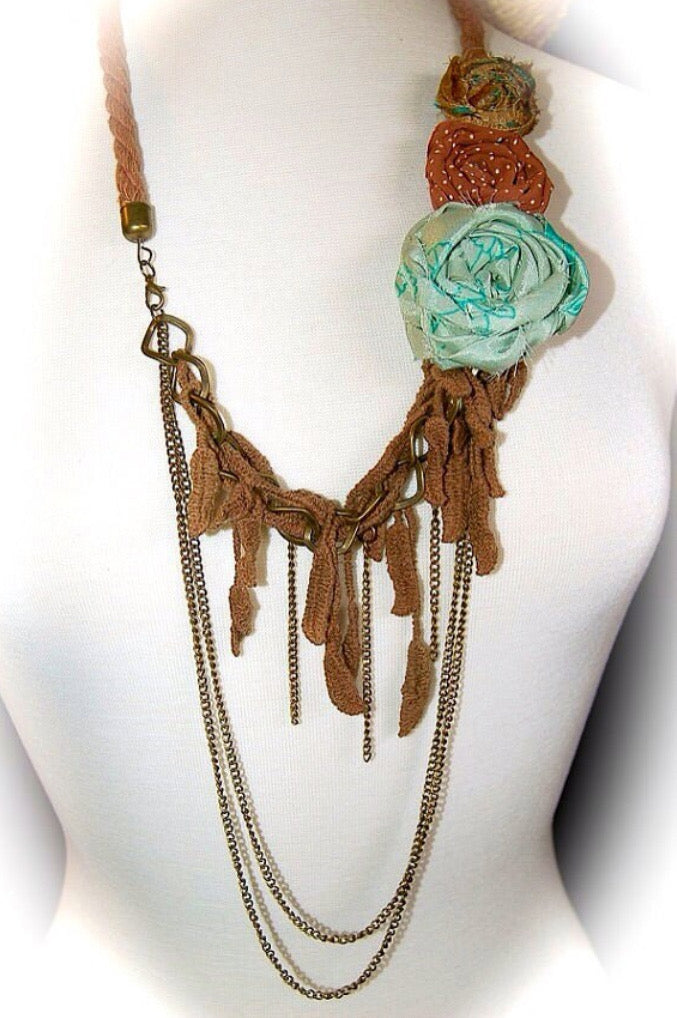 Boho Cowgirl Statement Necklace, Leather, Fabric, Chain, Shabby Chic