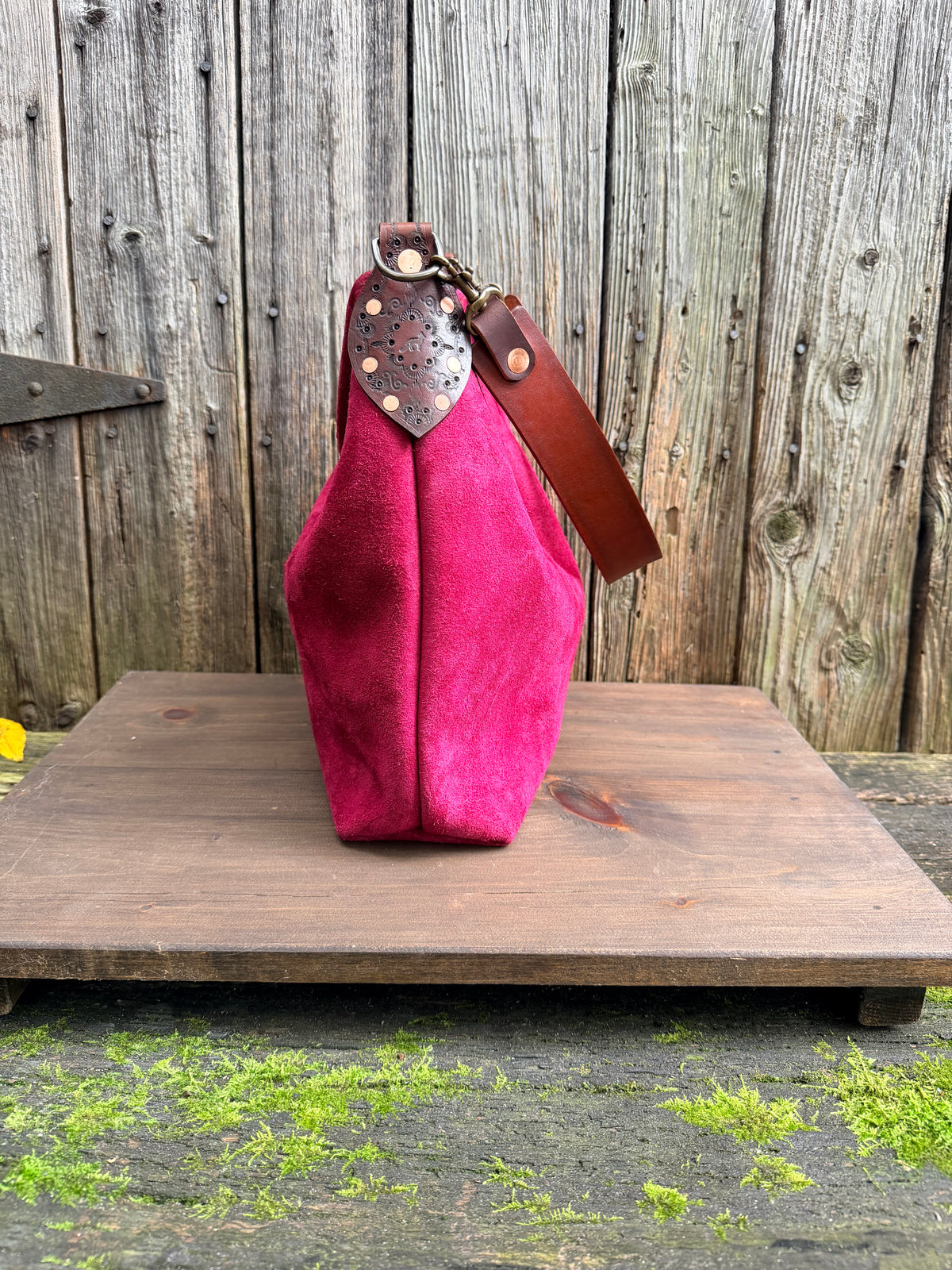 Willy Bucket in Reverse Cow in Cranberry Suede with Guitar Strap