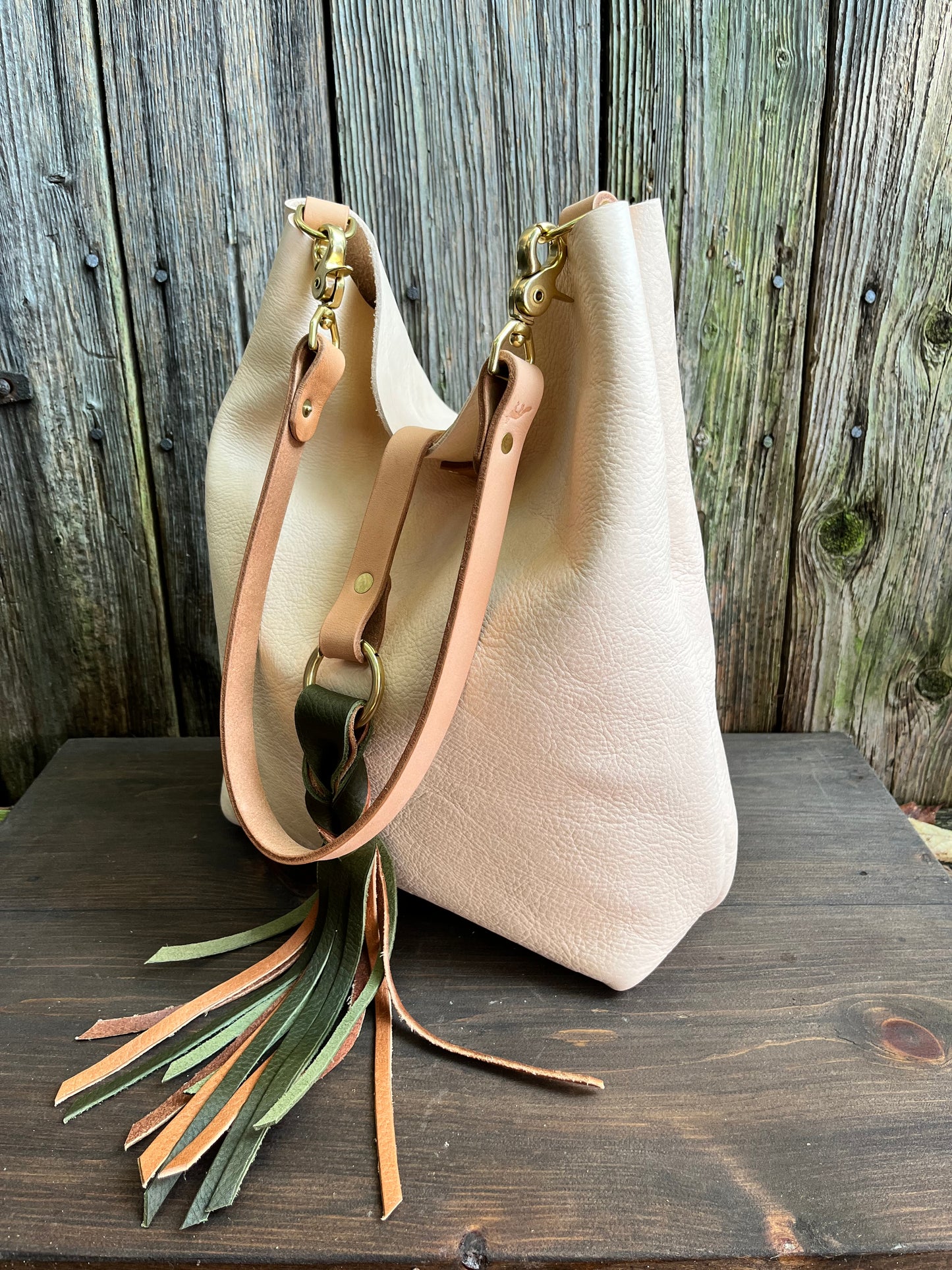 Barcelona Bucket in Natural Milled Veg Tan with Throwover Braided Tassel