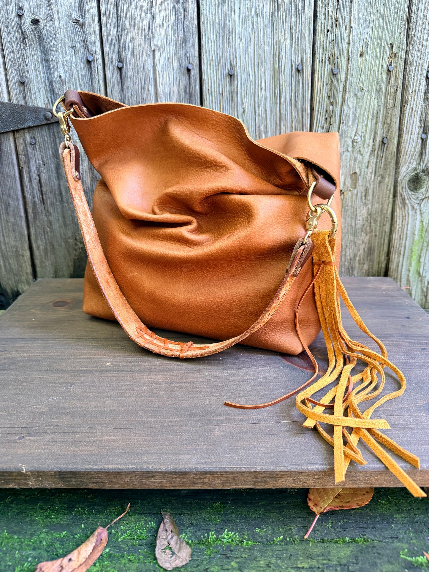 Barcelona Soft Bucket in Paddy Cake Tan Leather with Cider Suede Tassel