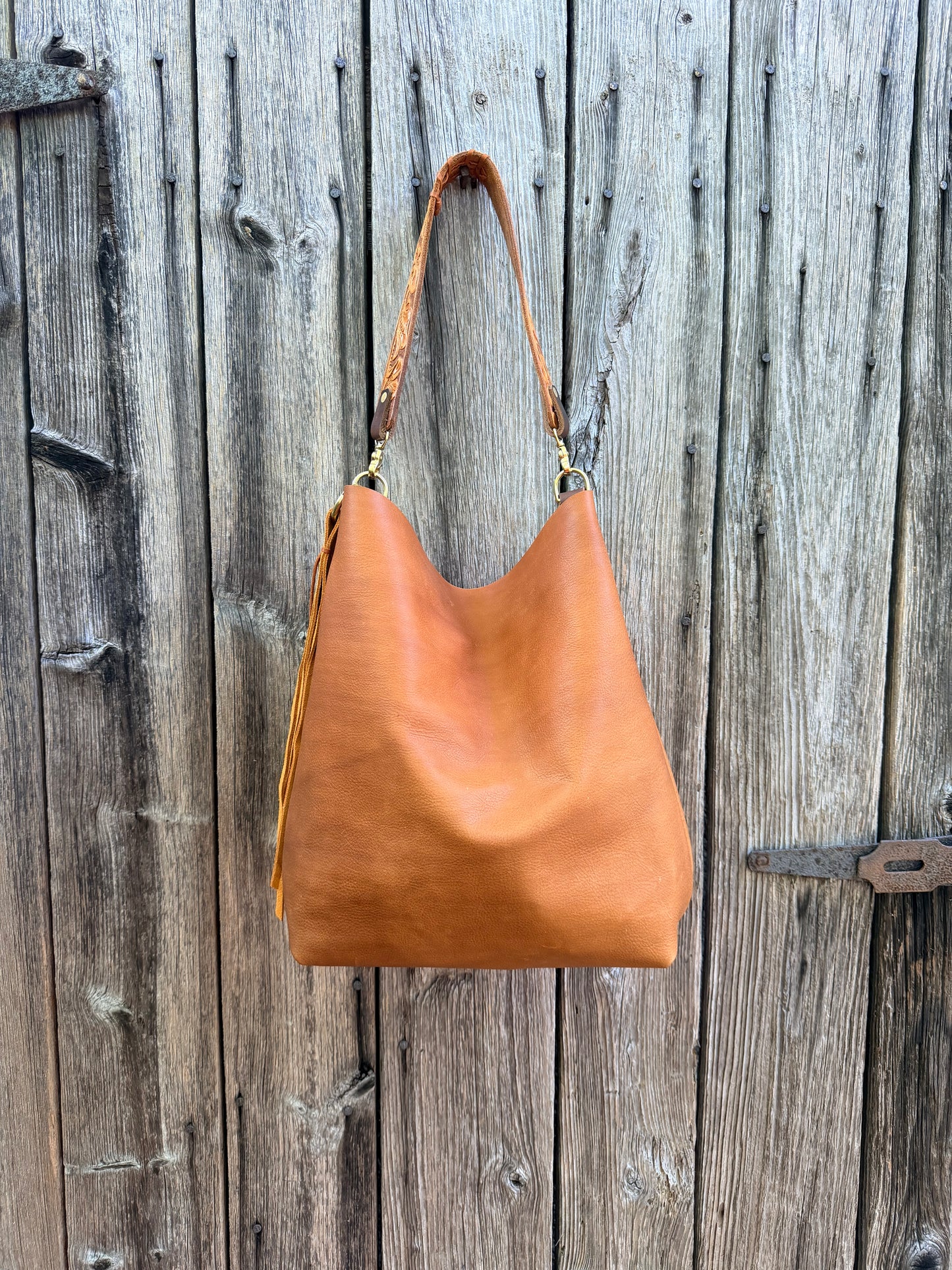 Barcelona Soft Bucket in Paddy Cake Tan Leather with Cider Suede Tassel