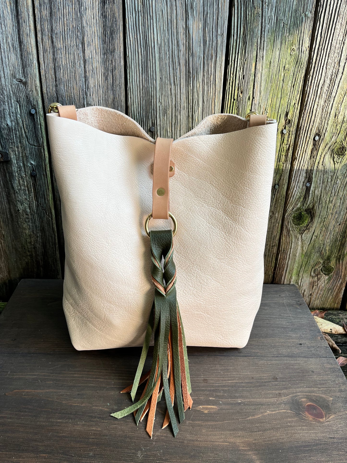 Barcelona Bucket in Natural Milled Veg Tan with Throwover Braided Tassel