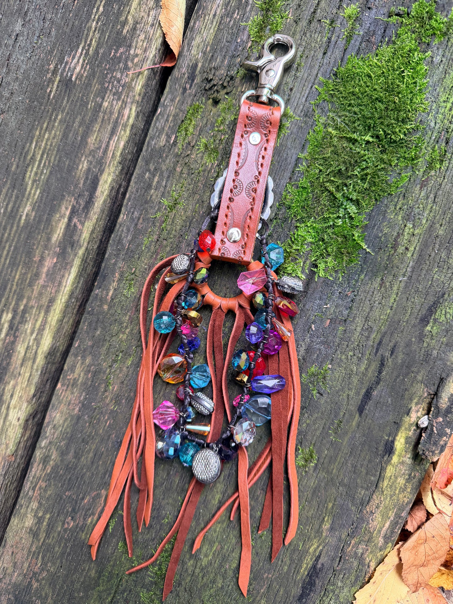 Hand-tooled Tribal Tassel in Tan Deerskin with Sterling Silver & Turquoise Concho 15”L, OOAK