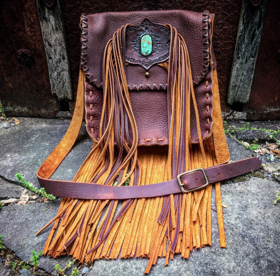 Evolet Saddle Bag in Oil Tanned Leather with Nevada Emerald Valley Turquoise