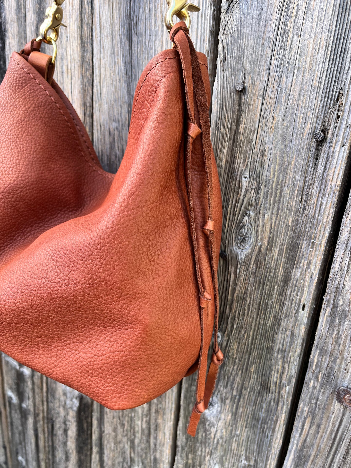 Mimi Slouch Bag in Brandy Naked Cow with Leather Tassel Accents