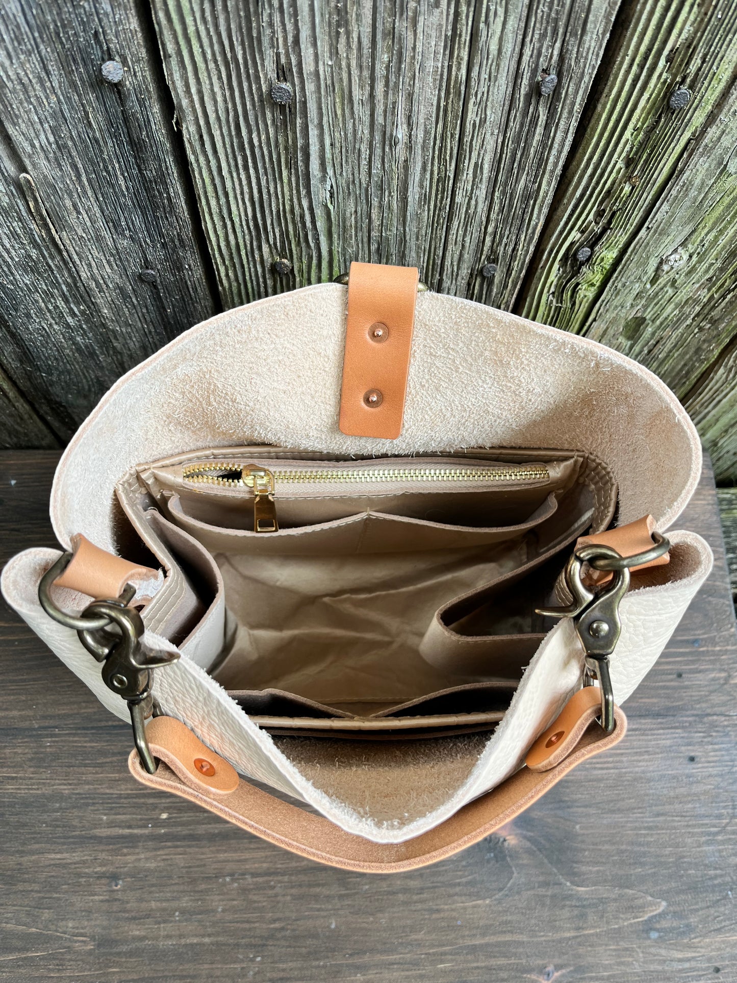 Barcelona Mini Bucket in Vanilla Milled Veg Tan with Horween Essex Handle & Fox Tag Tassel