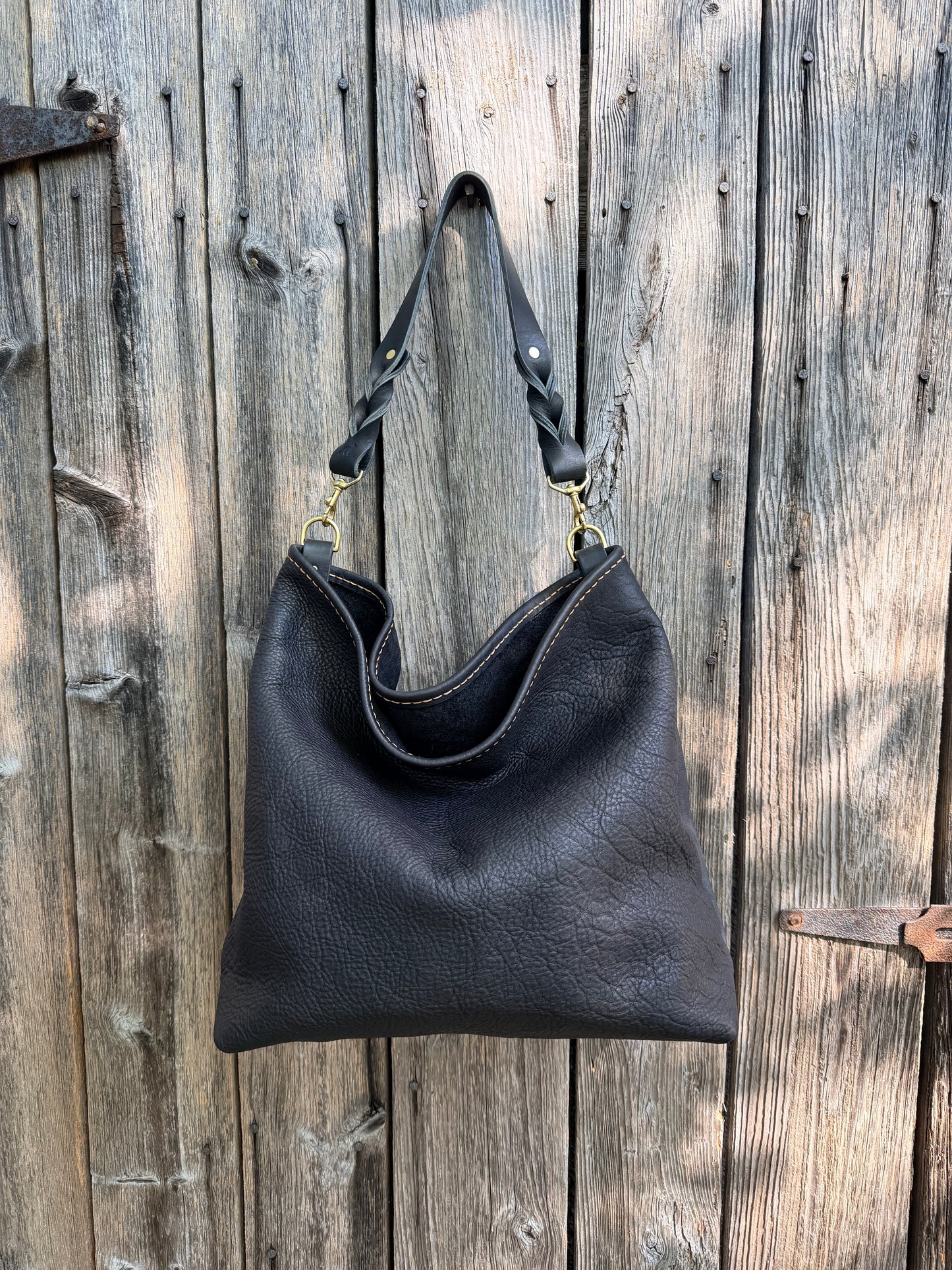 Rodeo Large Bucket in Soft Black Bison with Braided Horween Strap