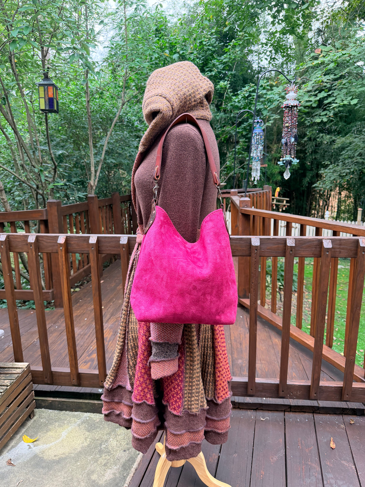Willy Bucket in Reverse Cow in Cranberry Suede with Guitar Strap
