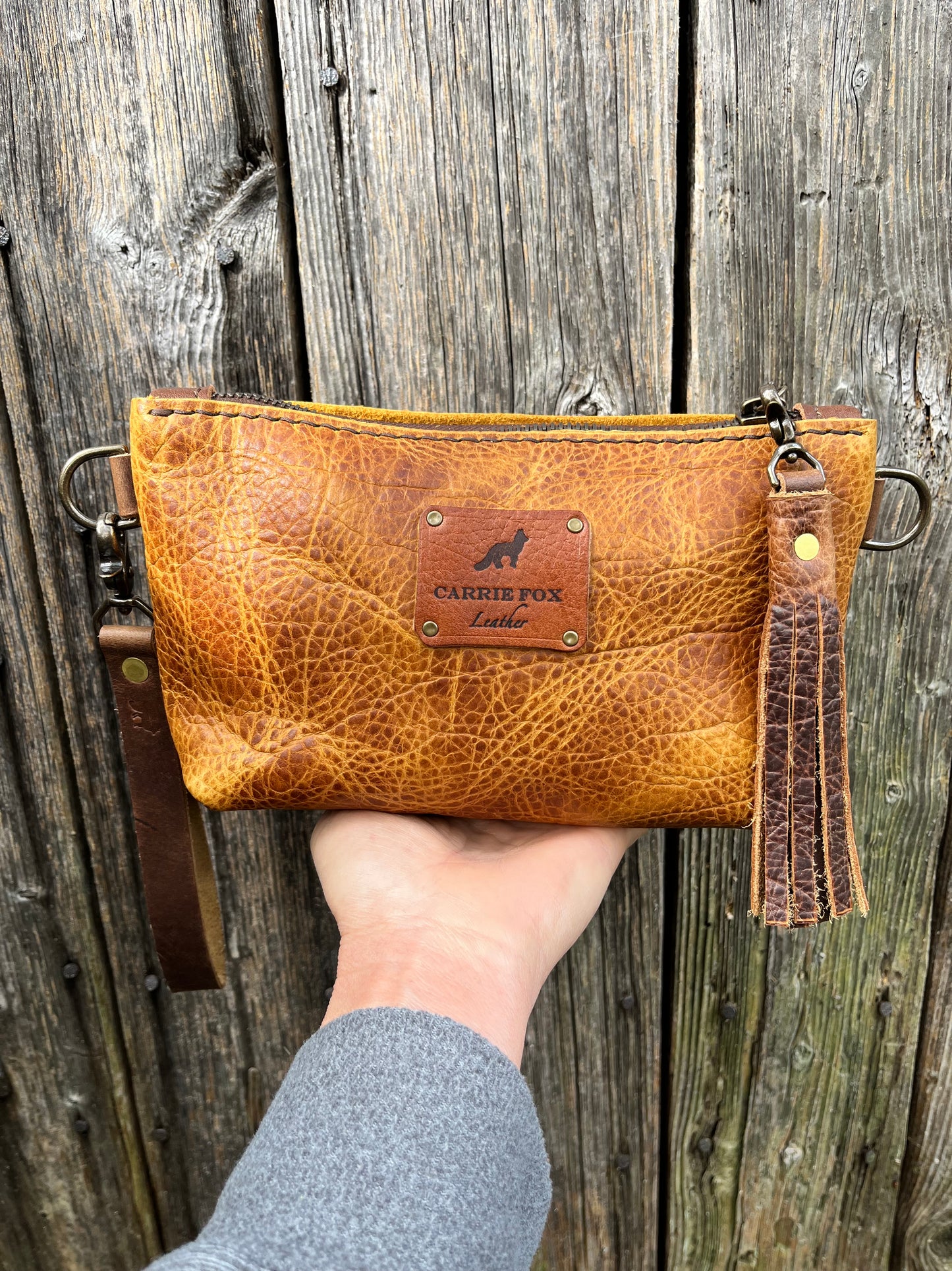 Pipsqueak Wristlet/Crossbody in Peanut Bison with Dark Brown Leather Accents